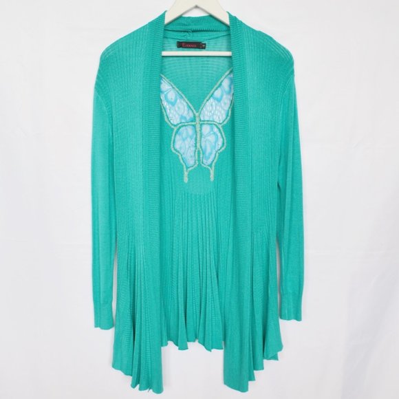 Rhinestone Butterfly Y2K Lace Turquoise Ribbed Cardigan - Picture 1 of 5